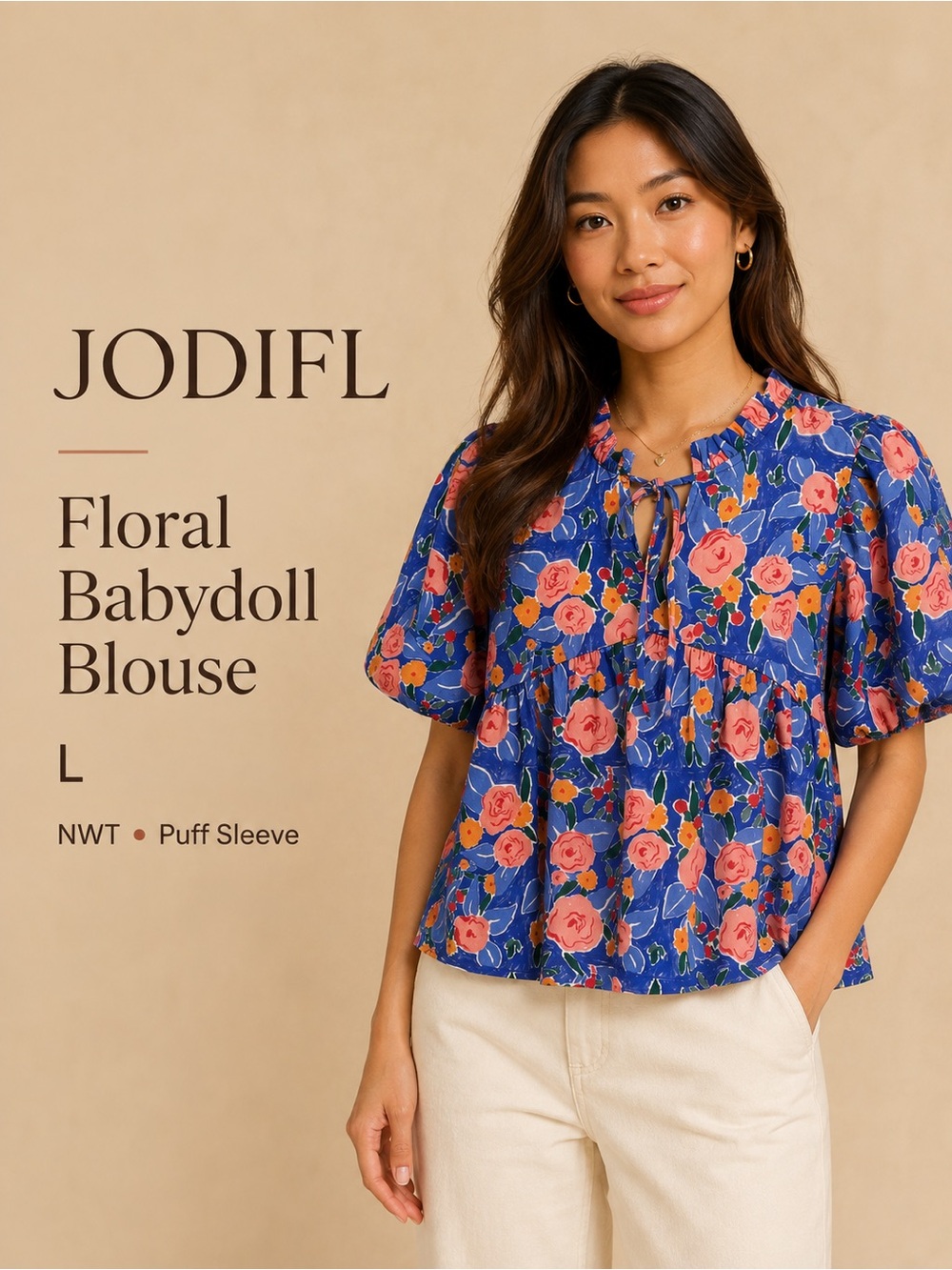 JODIFL Floral Babydoll Blouse Blue Pink Puff Sleeve Size L NWT